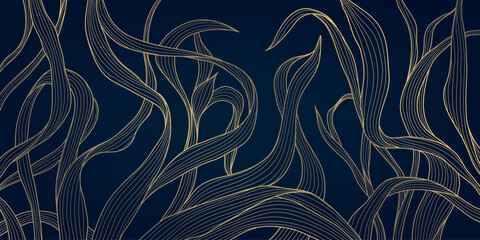 Vector golden leaves, grass, alga seaweed line pattern. Nature botanical floral branch ornament, wave premium underwater graphic. © marylia17
