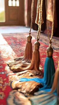 Elegant tassels in a row with golden cords on patterned rug, detailed antique home decoration with colorful fringe and ornaments