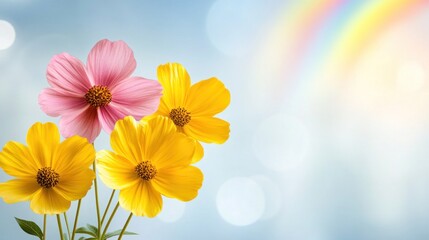 Obraz premium Vibrant pink and yellow flowers against a soft light blue background.
