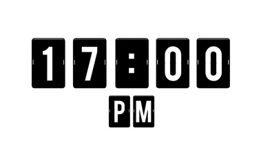 Modern flip clock design showing 17:00 PM on a white background.Perfect for use in editorial designs, UI/UX mockups, infographics, and time management visuals.