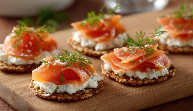 Smoked salmon appetizers on crackers