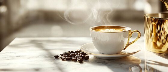 A steaming cup of coffee with golden crema sits on marble, surrounded by beans, evoking warmth and luxury. café ads, food blogs, or elegant lifestyle visuals.