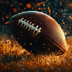 A dynamic american football soars through the air, surrounded by fiery sparks and lush grass, evoking thrill and power. Sports ads, team promotions, or energetic lifestyle visuals
