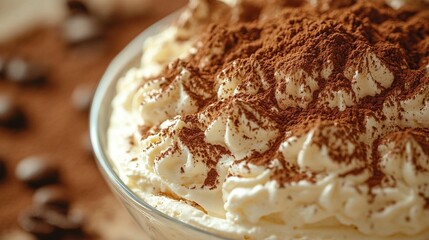 Close-up of a Tiramisu dessert in a glass bowl