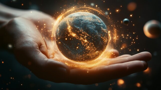 Hands holding glowing digital earth surrounded by fiery particles and light on dark background. Concept of power and responsibility for the planet