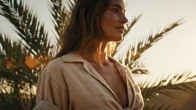 Woman in a light shirt standing by palm trees at sunset, enjoying the warm glow of the sun and a serene atmosphere in the background - no bra ladies