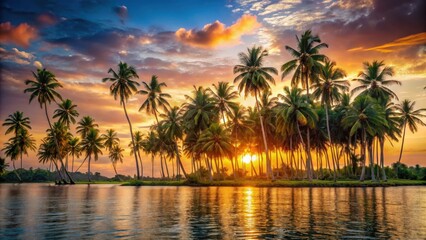 Dense cluster of coconut trees on a tropical island at sunset