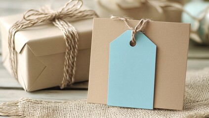 Light beige wrapped gift boxes, a light teal tag, and natural linen fabric