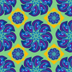  Floral seamless pattern features a circular design of stylized leaves and petals in purple, blue, and magenta. The green background is contrasted with yellow diamonds framing the small flower motifs.