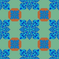 Calm mint green background supports an elaborate radial pattern of blue floral shapes arranged in symmetrical alignment. Rust-orange octagons frame smaller versions of  flower contrast and structure.