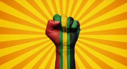 Raised fist with colorful stripes on yellow