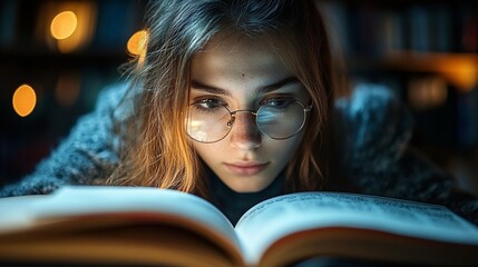 Close-up of a young woman reading a book at night