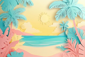 Obraz premium Colorful paper cutouts of a tropical beach scene.