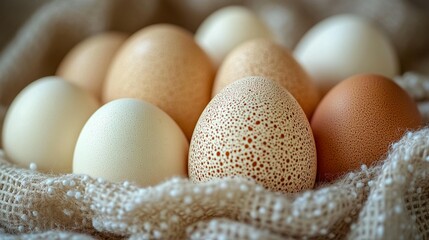 Close-up of assorted eggs nestled in a textured cloth