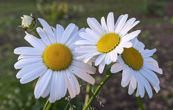 A high-resolution close-up of three blooming daisies with bright yellow centers and crisp white petals, captured in natural morning light