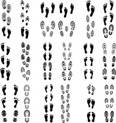 Collection of barefoot and shoe prints