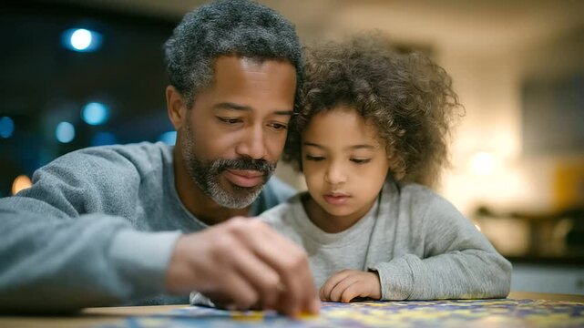 A heartwarming scene of a father and daughter solving math puzzles together at the kitchen table.