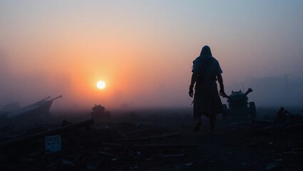 Fototapeta premium Silhouette of hooded figure walking towards sunrise in a desolate landscape