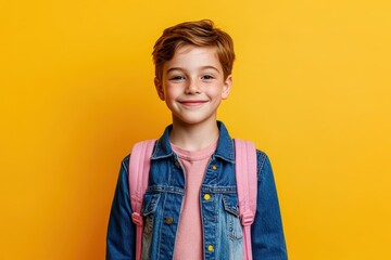 Smiling young boy with a pink backpack against a yellow background.