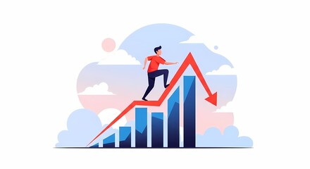 Man Climbing Red Arrow on Blue Bar Chart, Illustrating Business