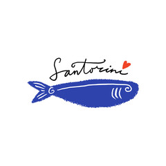 Cartoon Santorini fish lettering vector illustration clip-art. Printable art for textile, souvenirs, picture for website, presentation and more. Funky doodle travel concept