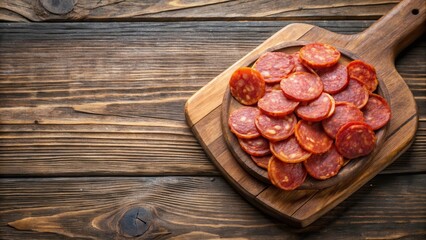 Sliced pepperoni slices on a rustic wooden cutting board