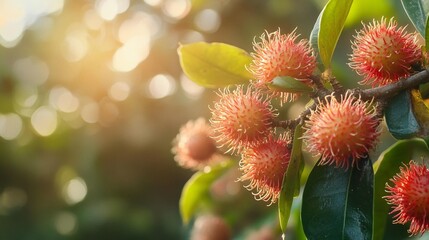 Close-up of Rambutan fruit on branch, backlit by sun