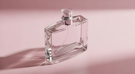 Elegant Clear Glass Perfume Bottle on Pink Background  A Clean and Modern Fragrance Design Concept