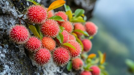Close-up of rambutan fruits growing on a rock face