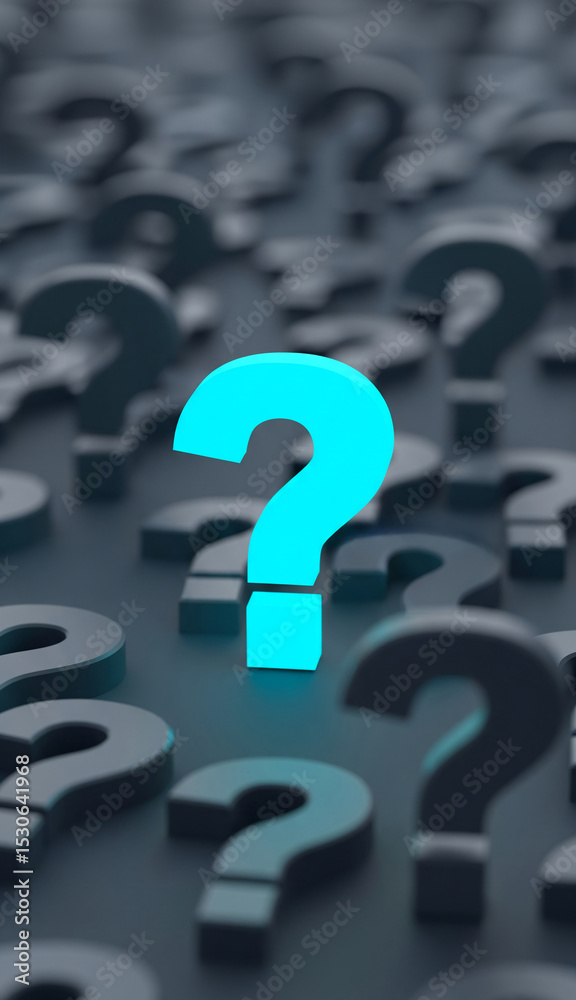 Poster Bright cyan question mark stands out among numerous dark gray question marks, symbolizing unique solution,  finding answers, problem-solving, or standing out from the crowd