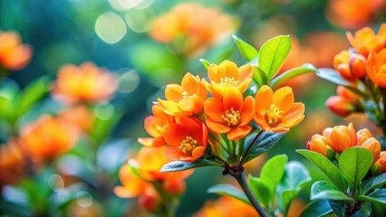 Colorful orange blossoms unfurl in a serene garden atmosphere with soft focus creating an ethereal effect amidst lush green foliage and vibrant foliage