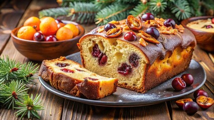Dense holiday-style plum cake with dried fruits, spices, and a dusting of sugar.