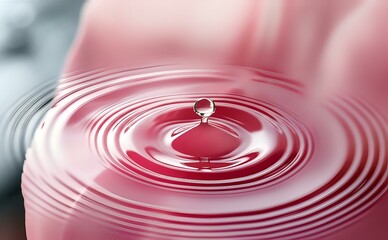 Captivating water drop impact with ripple effect in a pink liquid surface.