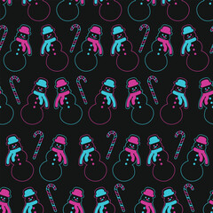 Outline style snowman and snowflakes vector seamless pattern Winter, New Year and Christmas Texture Creative neon gift wrapping paper design, wallpaper, fabric textile prints, card or banner template