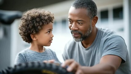 A father and son bond over a bike repair in a suburban driveway. - Powered by Adobe