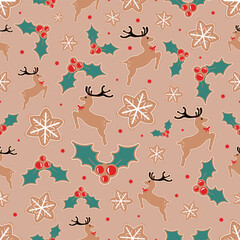 Christmas Seamless Pattern Christmas and New year Reindeer, snowflakes and Holly Berries Repeatable Pattern Decorative Elements Texture for Wallpaper, Gift card, Wrapping paper, Fabric Textile Prints.
