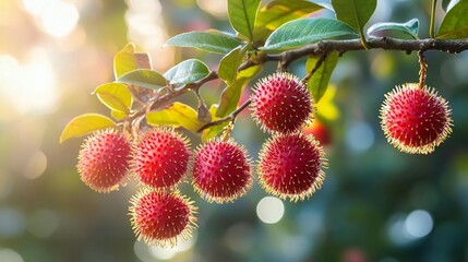 Close-up of vibrant red fruits on a branch, bathed in sunlight