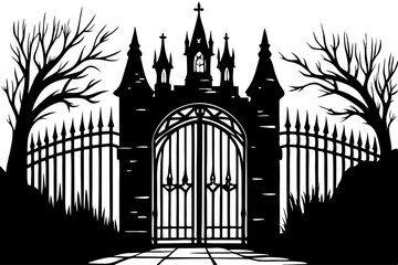 Fototapeta premium Gothic Castle Gate Silhouette Spooky Halloween Illustration, castle, gate, gothic, halloween, silhouette, victorian, graphics, moonlight, mystery, spooky, aesthetic, horror, scary, monochrome, invitat