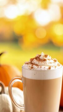 Festive pumpkin spice latte with whipped cream and cinnamon on a gray knitted blanket, autumn fall backdrop
