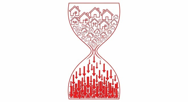 Red Hourglass Filled with Houses and Downward Arrows on White Ba