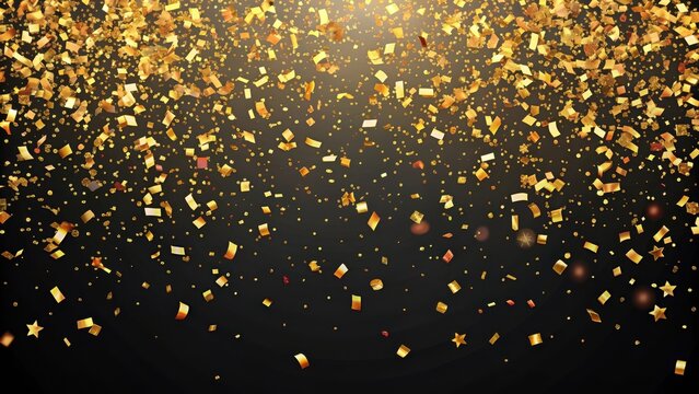 Colorful golden confetti scattered on a dark and sleek black background