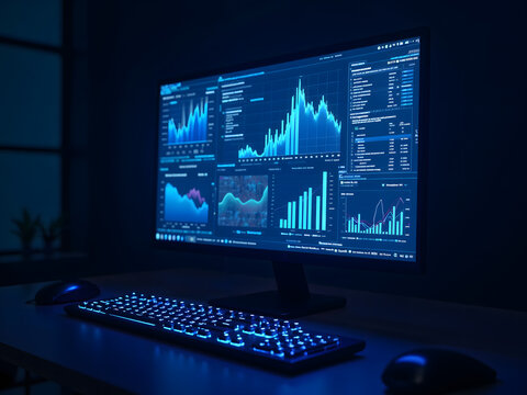 A computer screen with graphs and charts, front of it, all in blue neon light, dark blue background