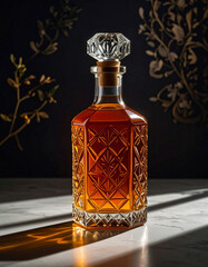 An elegant crystal decanter filled with rich amber liquid stands on a marble surface, catching the warm light and casting intricate reflections and shadows around it.