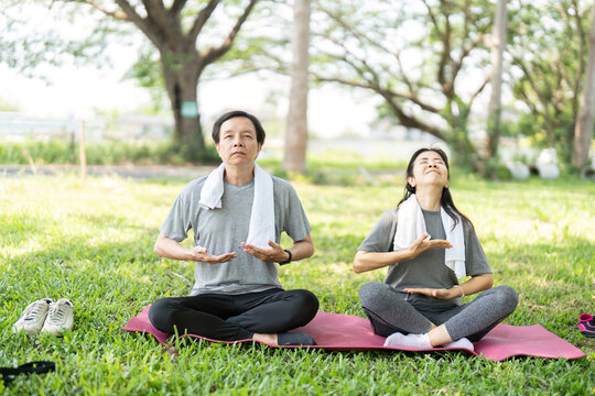 Couple Practicing Yoga Breathing Techniques Outdoors. Enhancing Well-Being.