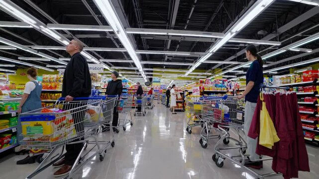 Multiple views of customers patiently waiting in line with their shopping carts at a grocery store checkout, showcasing diverse individuals and their shopping experiences