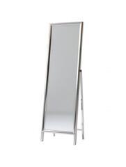 A tall, rectangular mirror with a shiny silver frame stands upright on a white background, reflecting light and creating a sense of depth and spaciousness.