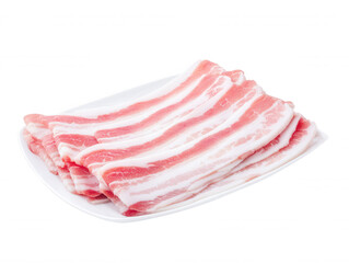 Thin slices of fresh raw pork belly with layers of fat are neatly arranged on a white plate ready for cooking, isolated against a bright white background.