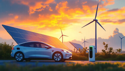 Electric car charging near solar panels and wind turbine, symbolizing renewable energy and sustainable transportation