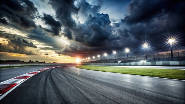 Empty racing track at night with speeding lights and dramatic sky #racingtrack #night