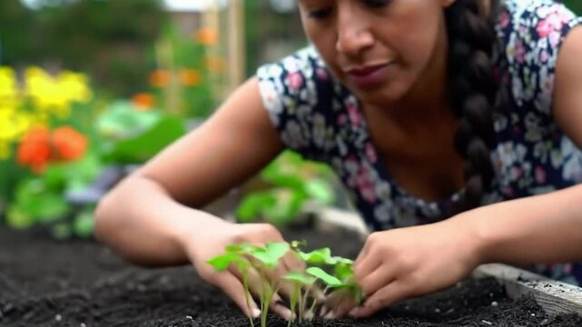 femme plantant des jeunes pousses de l&eacute;gume
